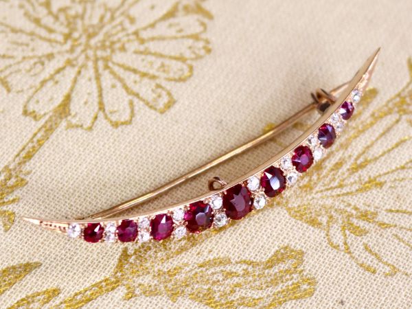 Ruby and Rose Gold Crescent Brooch