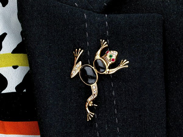Wearing Diamond Ruby and Gemstone Frog Brooch