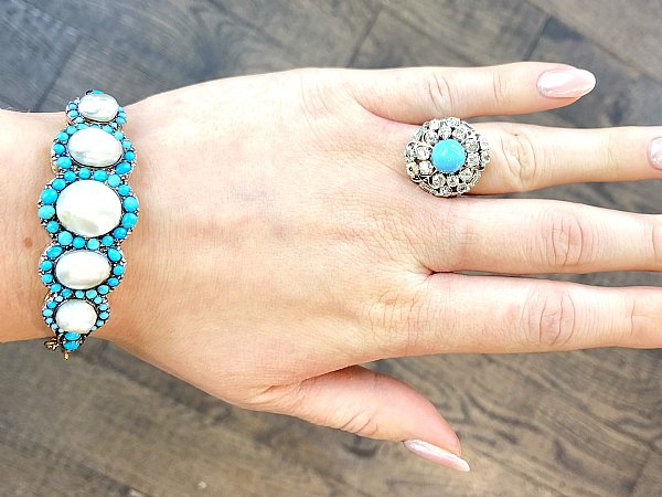Pearl and Turquoise Yellow Gold Bangle on Hand