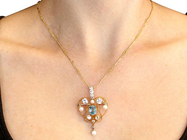 Victorian Diamond, Aquamarine and Pearl, Yellow Gold Pendant Wearing