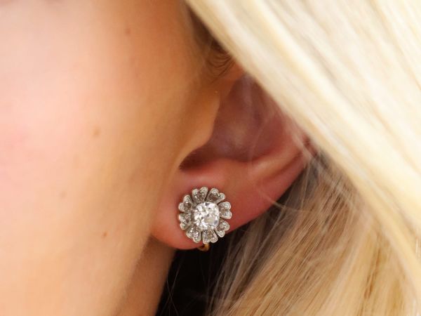 Victorian Diamond, Silver and 9ct Yellow Gold Floral Cluster Earrings