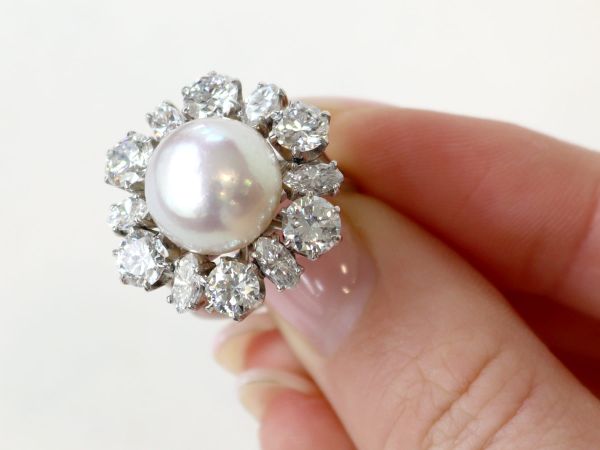 Cultured Pearl and 4.50ct Diamond, Platinum Dress Ring